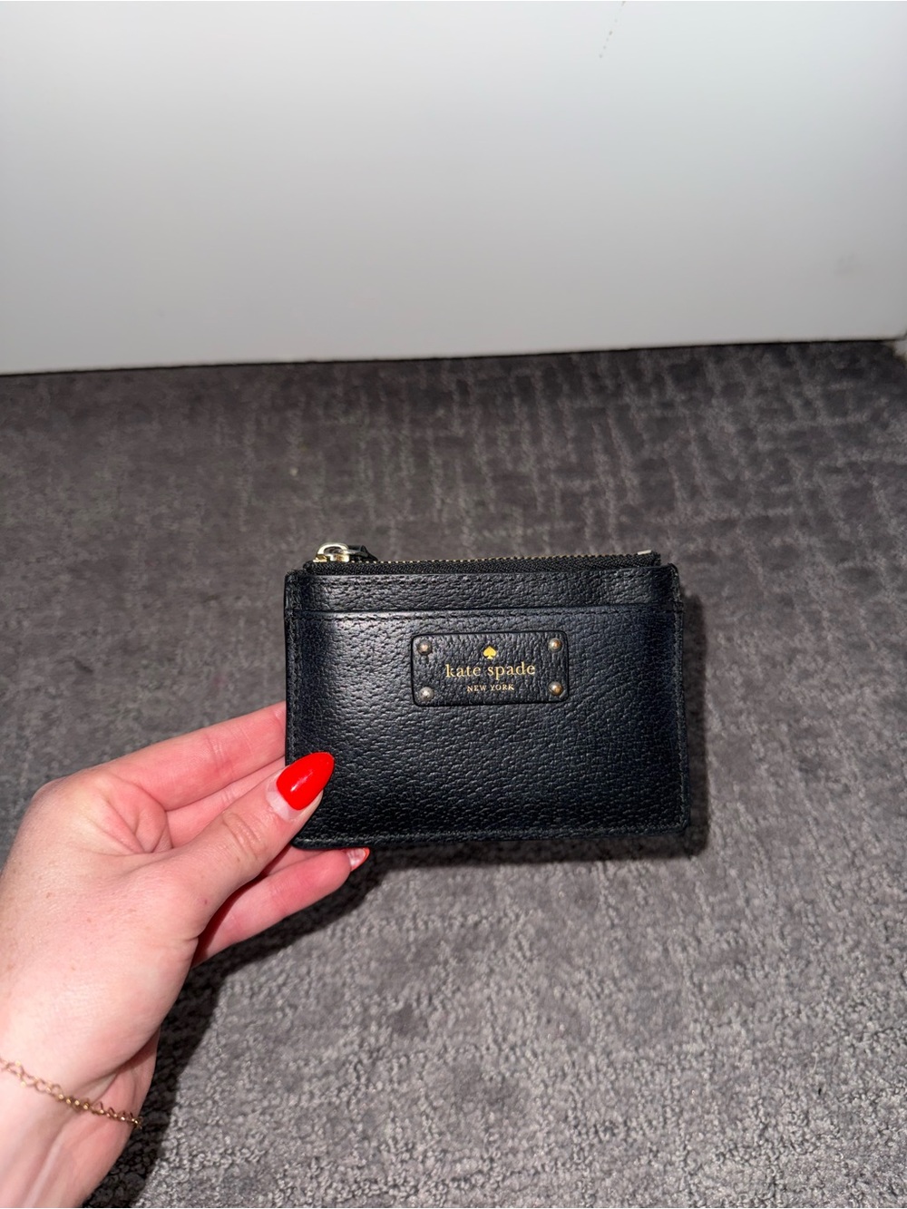 kate spade Black Pebbled Leather Zip Card Holder with Gold Plaque